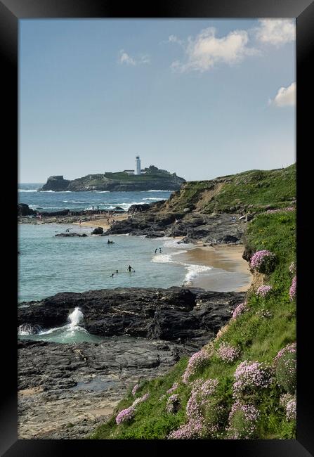 Godrevy lighthouse from Hyale beach Framed Print by kathy white