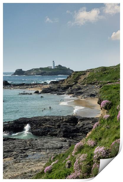 Godrevy lighthouse from Hyale beach Print by kathy white