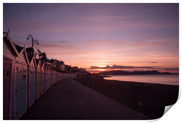 Beach hut sunrise at Lyme Regis Print by Richard North