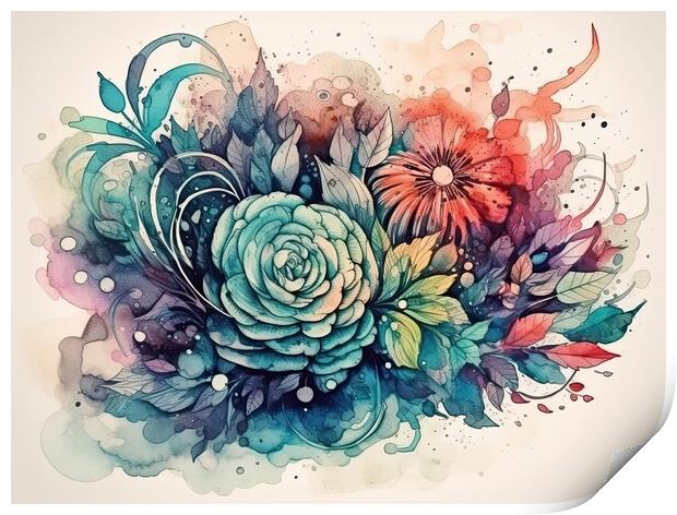 Organic Forms and Flowers in watercolor style Print by Erik Lattwein
