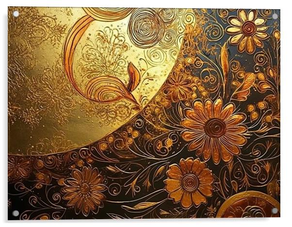 Golden flowers in an abstract pattern Acrylic by Erik Lattwein