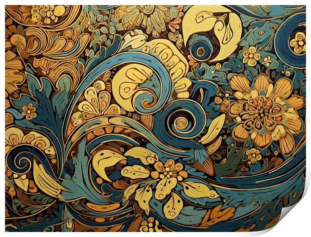 Golden flowers in an abstract pattern Print by Erik Lattwein