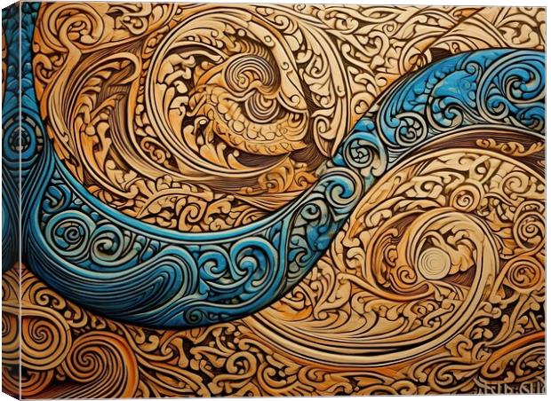 Blue wave in an intricate golden pattern Canvas Print by Erik Lattwein