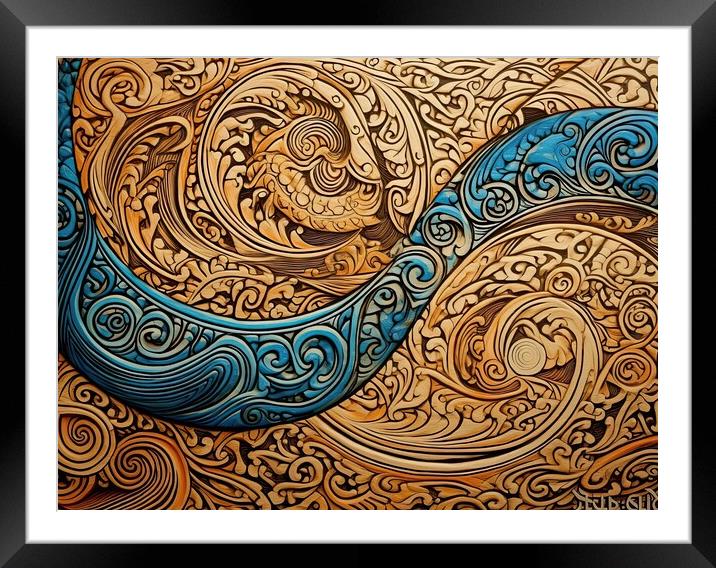 Blue wave in an intricate golden pattern Framed Mounted Print by Erik Lattwein