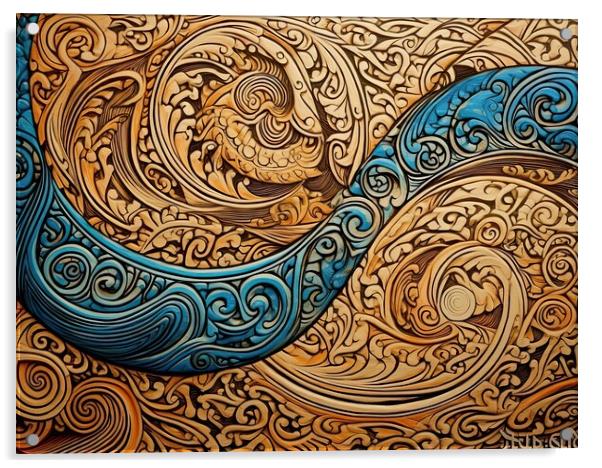 Blue wave in an intricate golden pattern Acrylic by Erik Lattwein