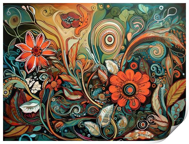 Colorful abstract pattern of organic forms and flowers Print by Erik Lattwein