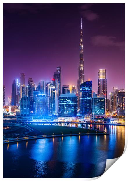 Glowing Dubai Skyline at Night Print by Steve Heap