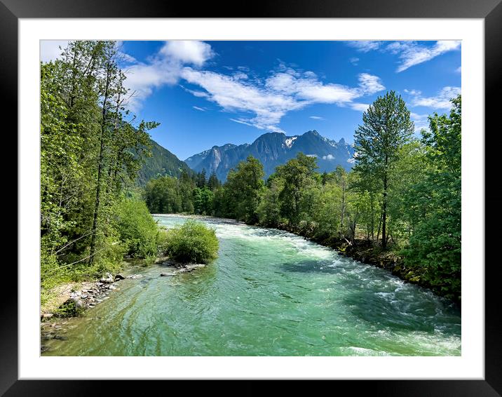 Gem green color Skykomish river with snowcapped cascade mountain Framed Mounted Print by Thomas Baker