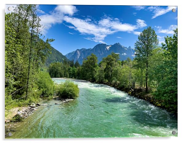 Gem green color Skykomish river with snowcapped cascade mountain Acrylic by Thomas Baker