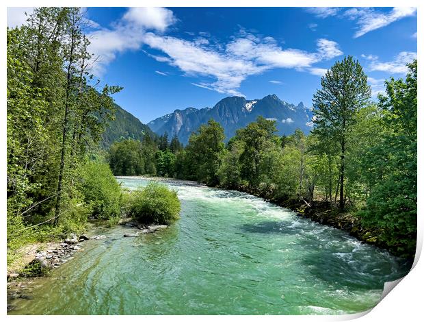 Gem green color Skykomish river with snowcapped cascade mountain Print by Thomas Baker