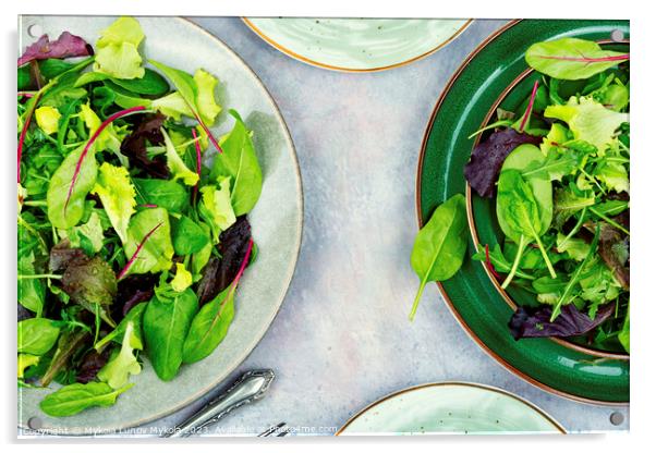 Greens raw salad, healthy eating. Acrylic by Mykola Lunov Mykola