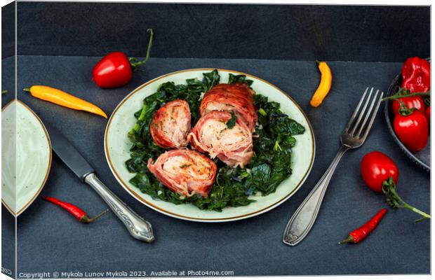 Chicken roll and fried spinach. Canvas Print by Mykola Lunov Mykola