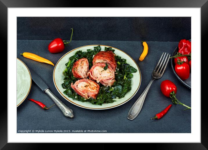 Chicken roll and fried spinach. Framed Mounted Print by Mykola Lunov Mykola