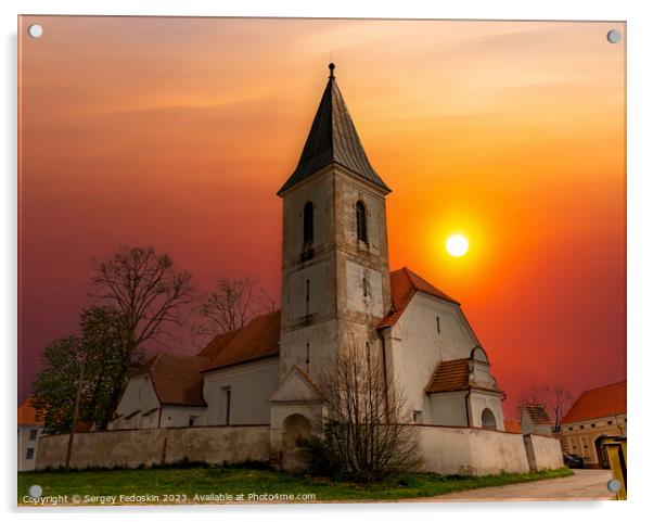 Rural church at sunset. Acrylic by Sergey Fedoskin