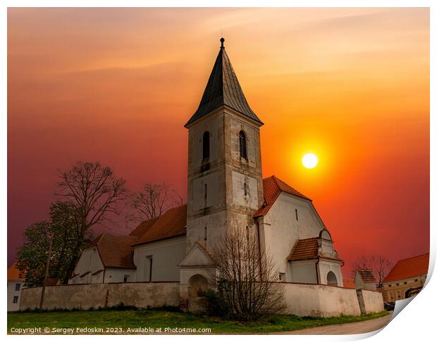 Rural church at sunset. Print by Sergey Fedoskin