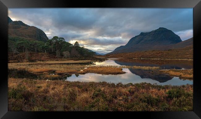 Liathach at Sunset reflected in Loch Clair Framed Print by Miles Gray