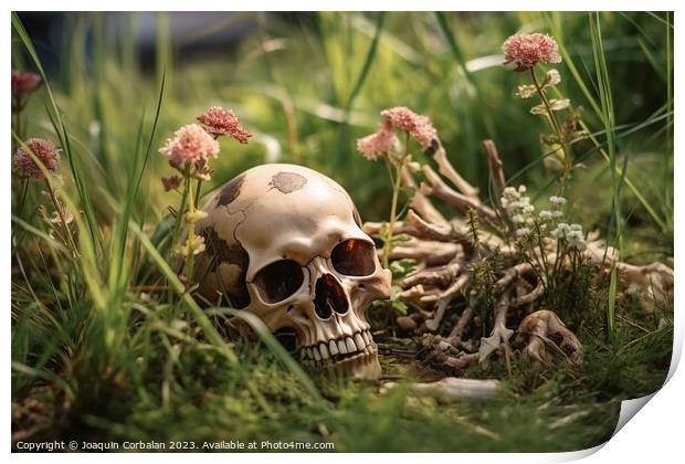 Among the grass of an abandoned orchard, a human skull terrifies Print by Joaquin Corbalan