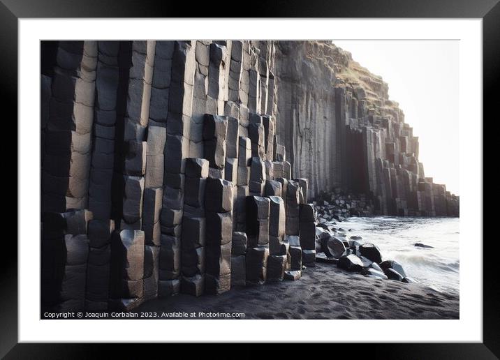 Blocks of black basalt, geometrically shaped rocks on the coast. Framed Mounted Print by Joaquin Corbalan