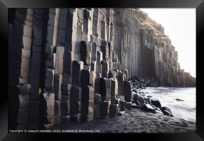 Blocks of black basalt, geometrically shaped rocks on the coast. Framed Print by Joaquin Corbalan