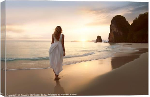 A slim woman in a white dress walks along a serene beach at dawn Canvas Print by Joaquin Corbalan