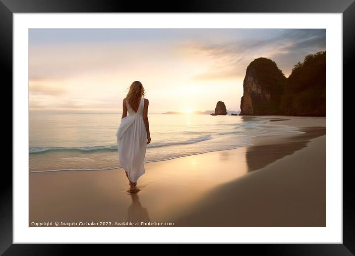 A slim woman in a white dress walks along a serene beach at dawn Framed Mounted Print by Joaquin Corbalan