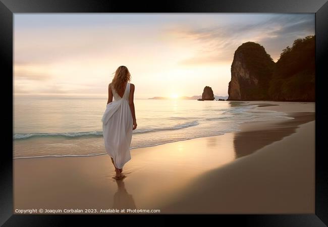 A slim woman in a white dress walks along a serene beach at dawn Framed Print by Joaquin Corbalan