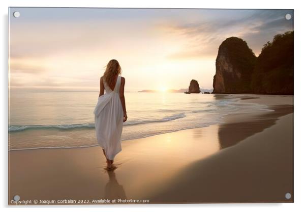 A slim woman in a white dress walks along a serene beach at dawn Acrylic by Joaquin Corbalan