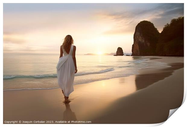 A slim woman in a white dress walks along a serene beach at dawn Print by Joaquin Corbalan