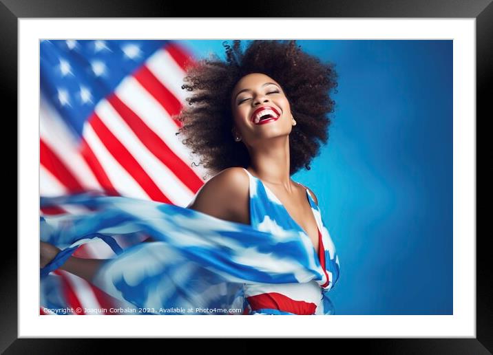 African American woman poses proudly with the American flag. Ai  Framed Mounted Print by Joaquin Corbalan