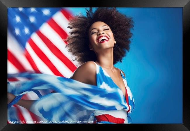 African American woman poses proudly with the American flag. Ai  Framed Print by Joaquin Corbalan