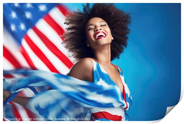 African American woman poses proudly with the American flag. Ai  Print by Joaquin Corbalan