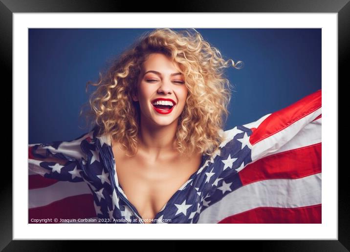 African American woman poses proudly with the American flag. Ai  Framed Mounted Print by Joaquin Corbalan