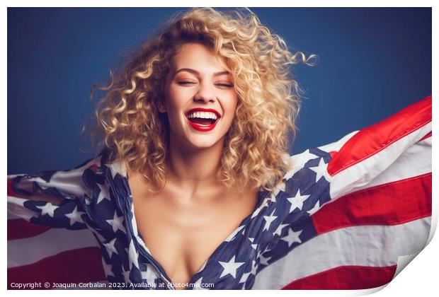 African American woman poses proudly with the American flag. Ai  Print by Joaquin Corbalan