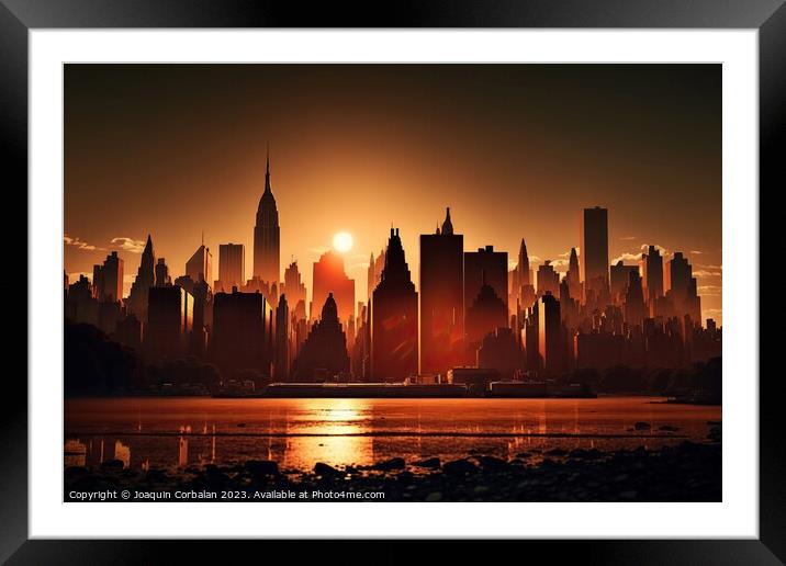 Aerial view of Manhattan island, beautiful city at dusk. Ai gene Framed Mounted Print by Joaquin Corbalan