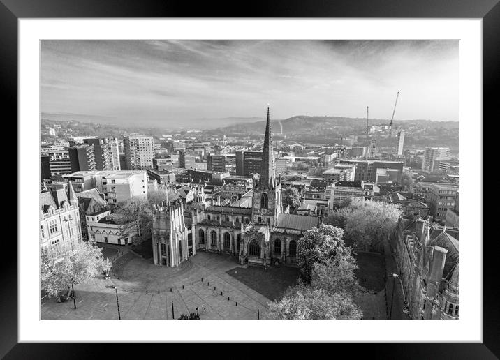 Sheffield Cathedral Black and White Framed Mounted Print by Apollo Aerial Photography