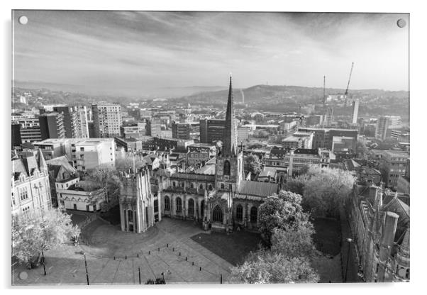 Sheffield Cathedral Black and White Acrylic by Apollo Aerial Photography