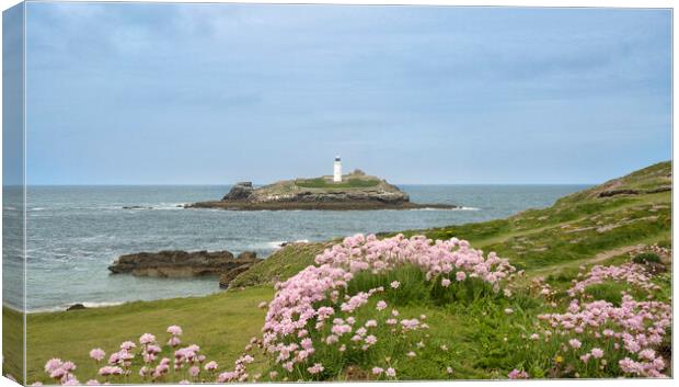 Godrevy lighthouse with sea pinks Canvas Print by kathy white
