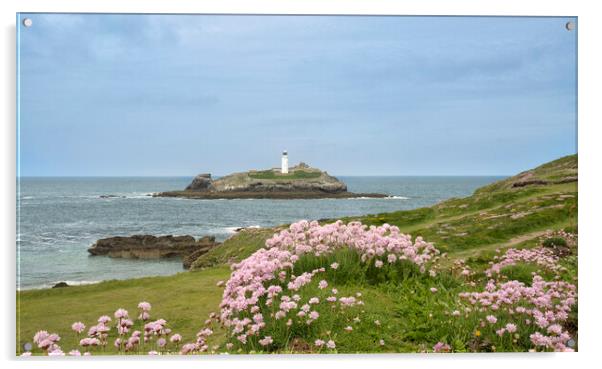 Godrevy lighthouse with sea pinks Acrylic by kathy white