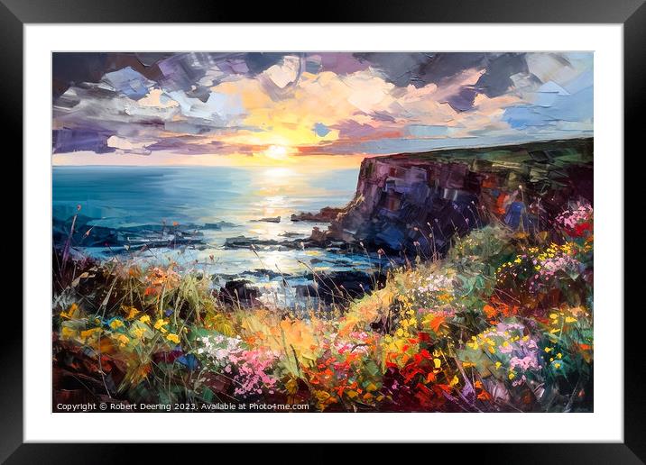 Sea cliffs and wildflowers at sunset 1 Framed Mounted Print by Robert Deering