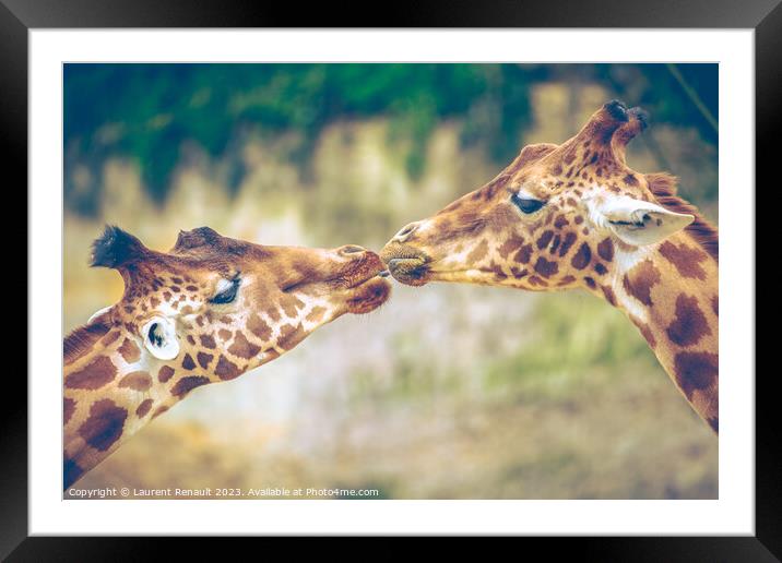 Gorgeous Giraffes mouth-to-mouth like kissing. Real photography Framed Mounted Print by Laurent Renault