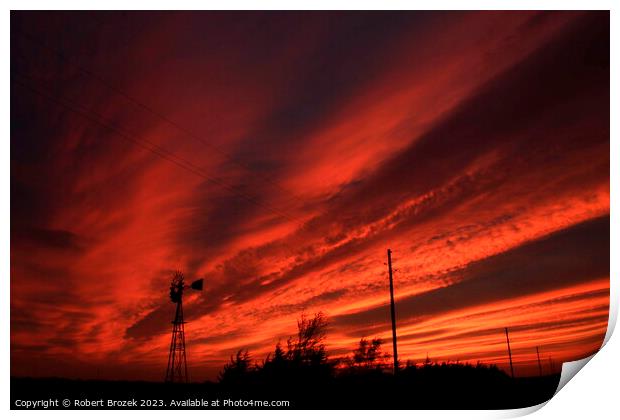 Kansas Blazing Red Sunset with a Windmill Silhouette Print by Robert Brozek
