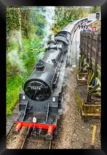 Steam locomotive 75078 departing Haworth Station Framed Print by Angus McComiskey