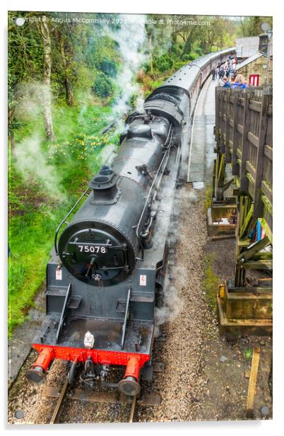 Steam locomotive 75078 departing Haworth Station Acrylic by Angus McComiskey