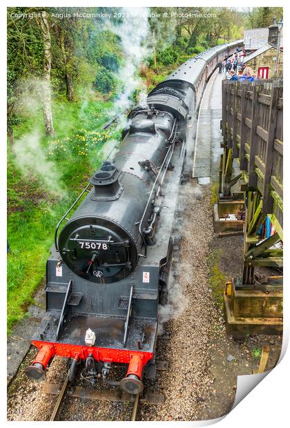 Steam locomotive 75078 departing Haworth Station Print by Angus McComiskey