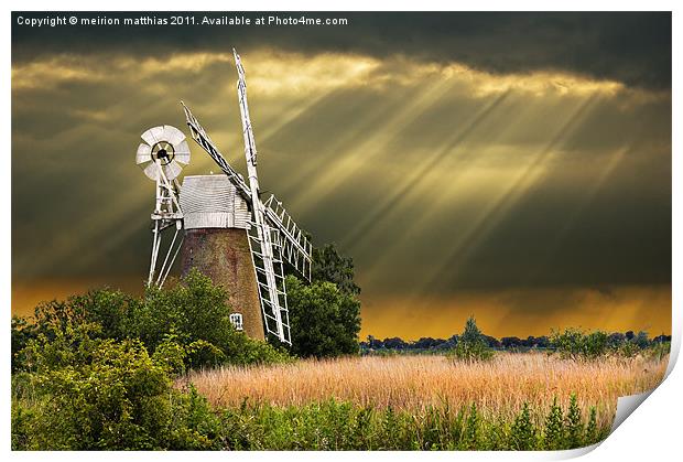 windmill with sunbeams Print by meirion matthias
