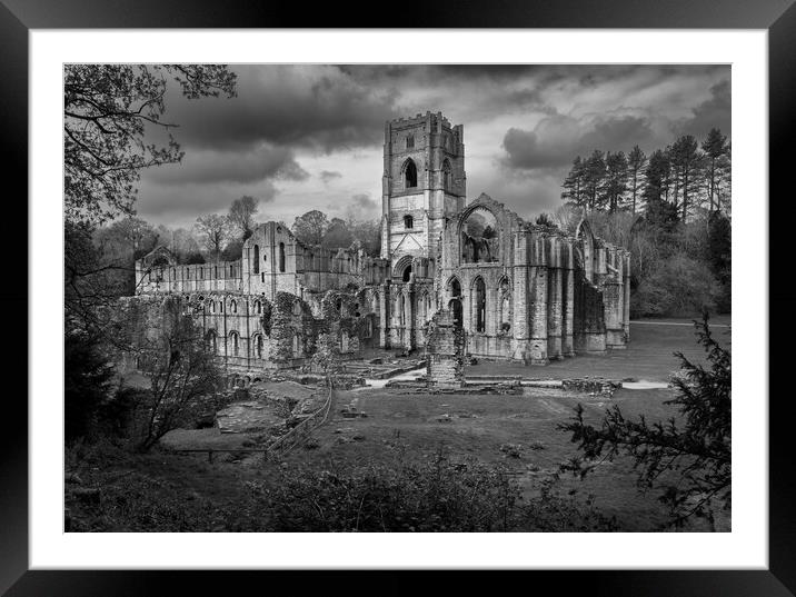 Monochrome view of Fountains Abbey ruins in Yorksh Framed Mounted Print by Steve Heap
