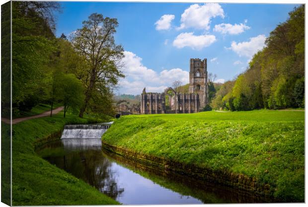 Springtime at Fountains Abbey ruins in Yorkshire,  Canvas Print by Steve Heap