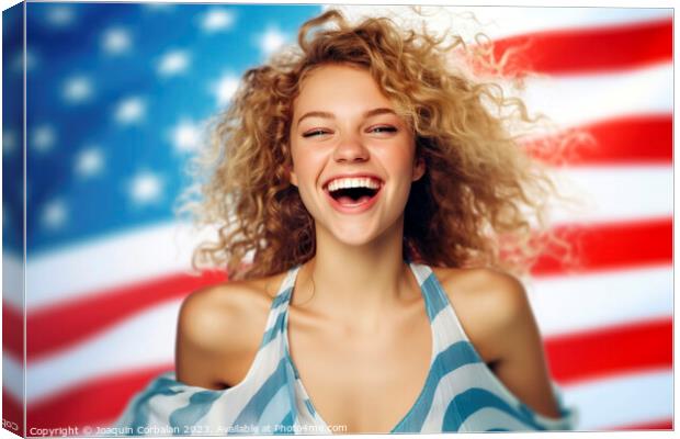 Blonde woman partying dressed in the American flag, effusively p Canvas Print by Joaquin Corbalan