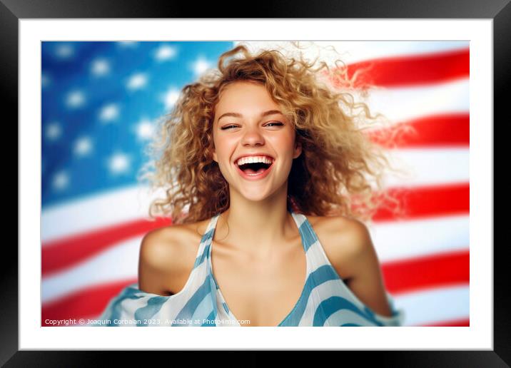 Blonde woman partying dressed in the American flag, effusively p Framed Mounted Print by Joaquin Corbalan