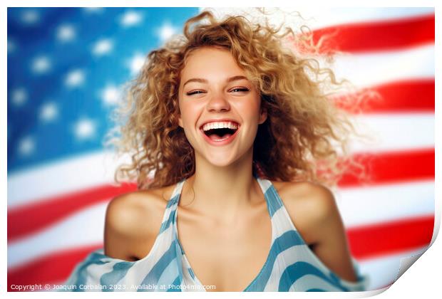 Blonde woman partying dressed in the American flag, effusively p Print by Joaquin Corbalan